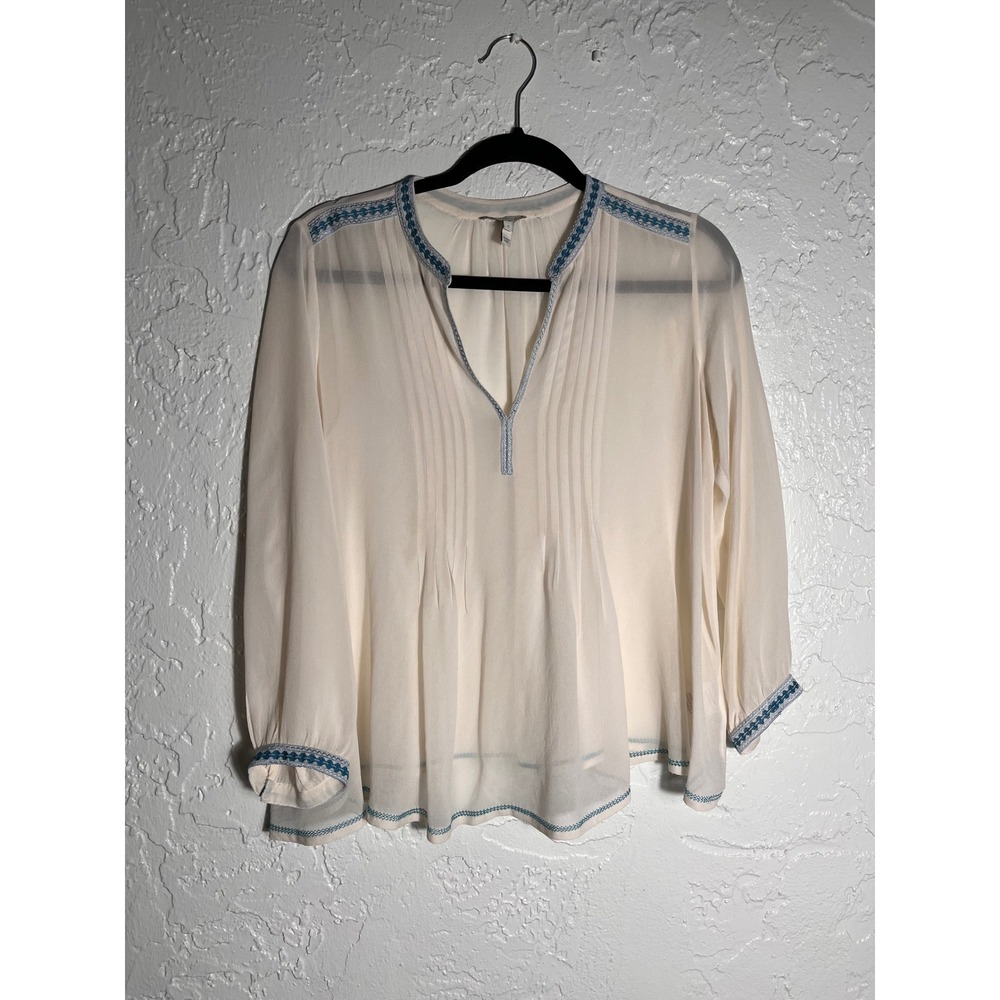 Joie Womens 100% Silk Embroidered Pintuck Blouse Off‎ White Blue Boho Top Small